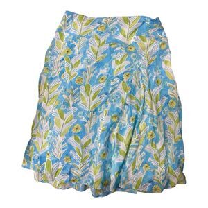 Sigrid Olsen Blue Yellow Floral 100% Silk Lined Zip Flare Midi Skirt.Women.Sz 8P